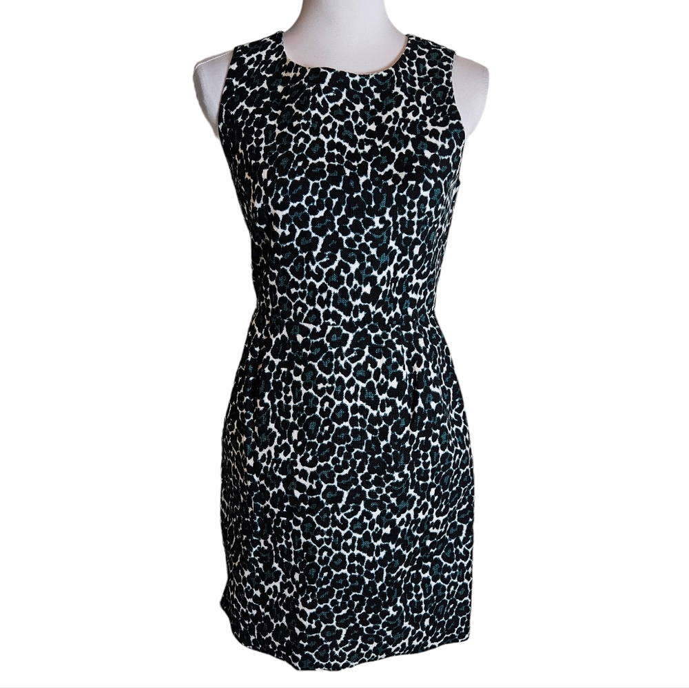 J Crew Jade Green Leopard Print Tweed Sheath Dress Size 0 Cotton Career Workwear